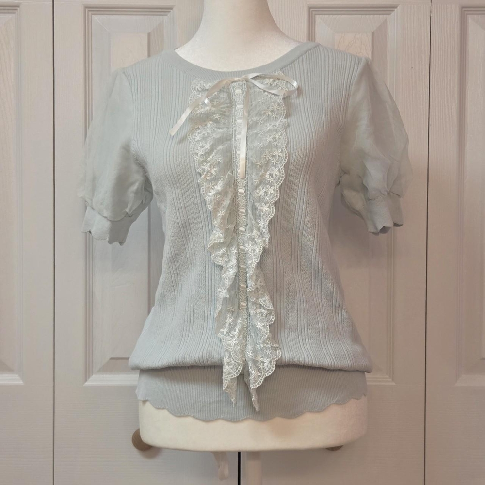 Japanese Kei Coquette Lace Mint Blue Knit Princess Blouse Top; 0918, XXS - XS